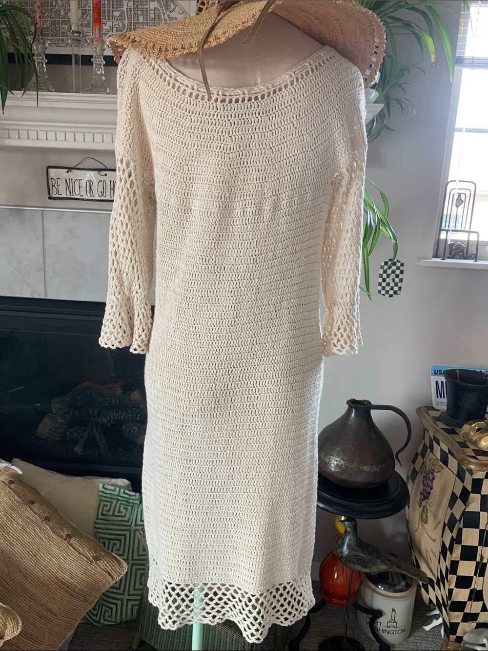 Vtg Nicole Miller Collection Linen/Cotton cream crochet beach coverup/dress SzL - Picture 6 of 9